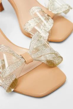 Quiz Diamante Bow Heels Nude Discount