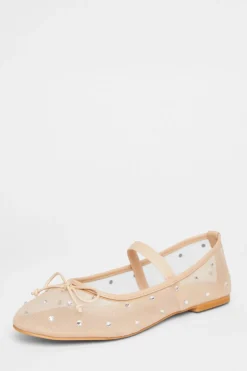 Quiz Mesh Diamante Bow Pumps Nude New