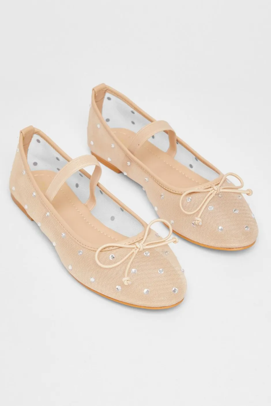 Quiz Mesh Diamante Bow Pumps Nude New