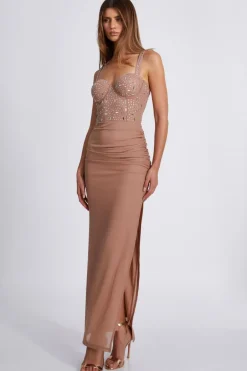 Quiz Nude Rhinestone Split Leg Maxi Dress Clearance