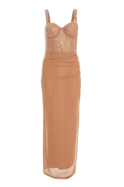 Quiz Nude Rhinestone Split Leg Maxi Dress Clearance