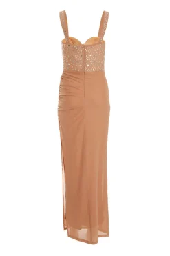 Quiz Nude Rhinestone Split Leg Maxi Dress Clearance