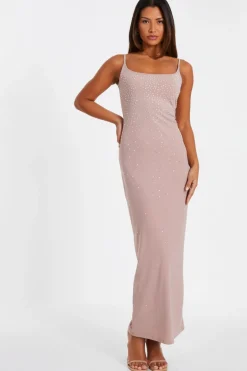Quiz Nude Rhinestone Square Neck Maxi Dress New