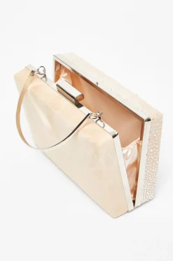 Quiz Nude Satin Embellished Box Bag Online