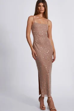 Quiz Square Neck Embellished Maxi Dress Nude Discount