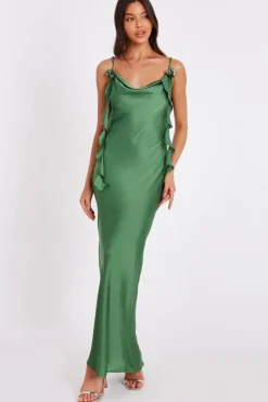 Quiz Satin Corsage Midaxi Dress Olive Discount