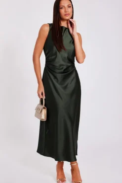 Quiz Satin Ruched Midi Dress Olive Outlet