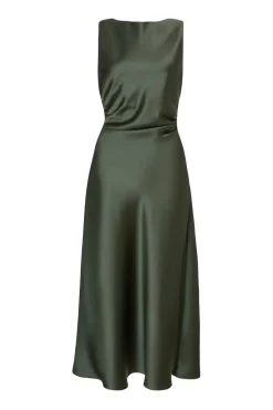 Quiz Satin Ruched Midi Dress Olive Outlet