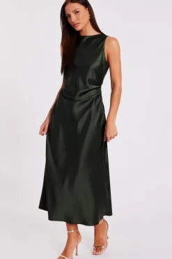 Quiz Satin Ruched Midi Dress Olive Outlet