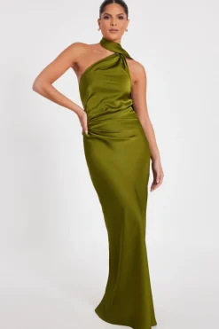 Quiz Satin Wrap Neck Maxi Dress Olive Clearance