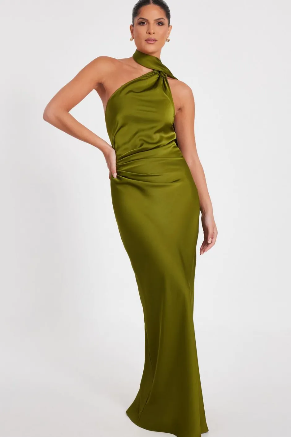 Quiz Satin Wrap Neck Maxi Dress Olive Clearance