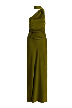 Quiz Satin Wrap Neck Maxi Dress Olive Clearance