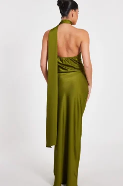 Quiz Satin Wrap Neck Maxi Dress Olive Clearance