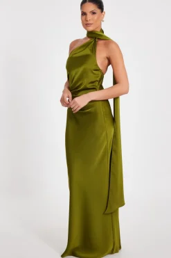 Quiz Satin Wrap Neck Maxi Dress Olive Clearance