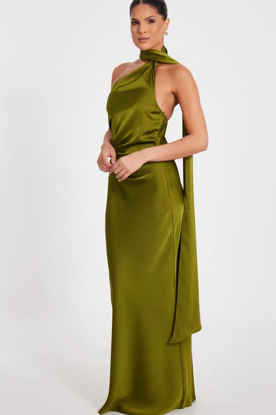 Quiz Satin Wrap Neck Maxi Dress Olive Clearance