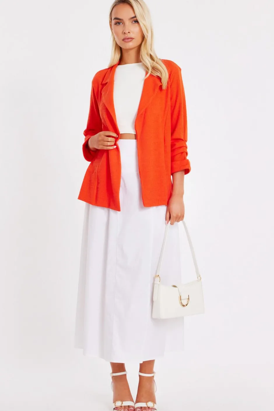 Quiz Textured Ruched Sleeve Blazer Orange Outlet