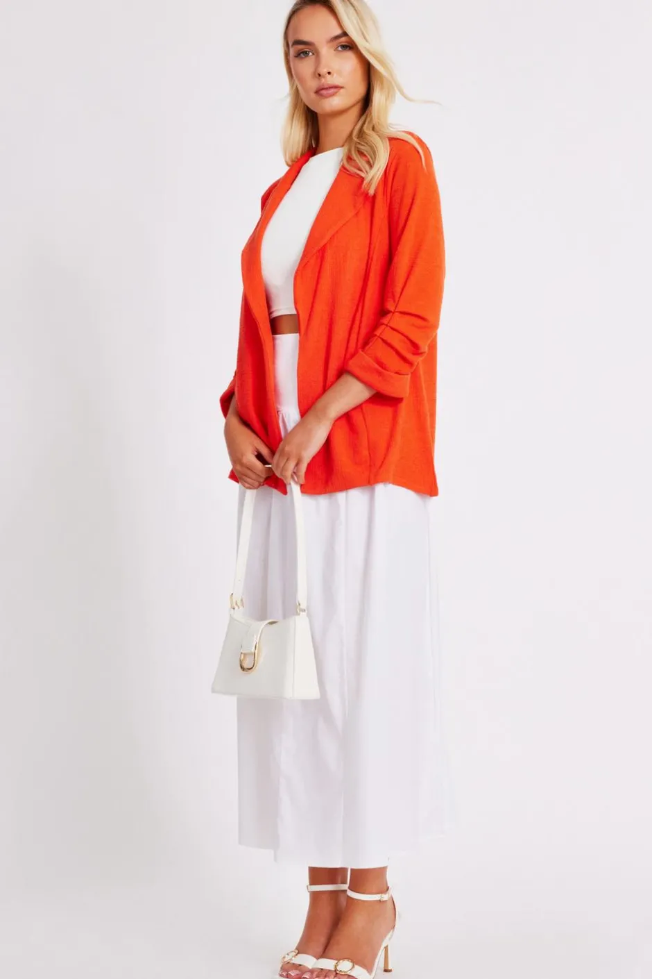 Quiz Textured Ruched Sleeve Blazer Orange Outlet