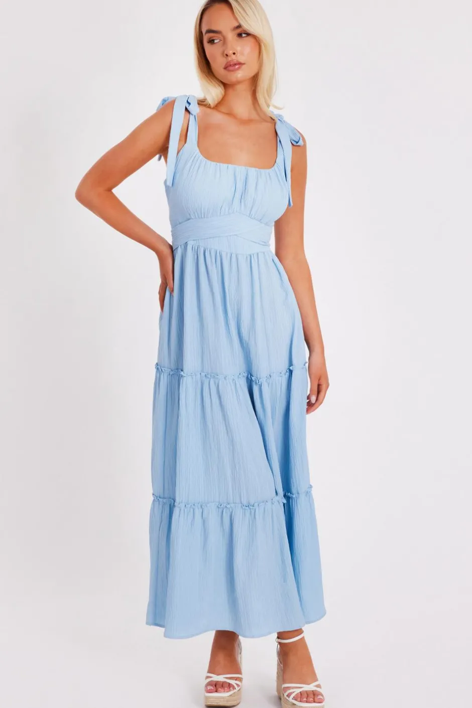 Quiz Crinkle Midaxi Dress Pale Blue Clearance