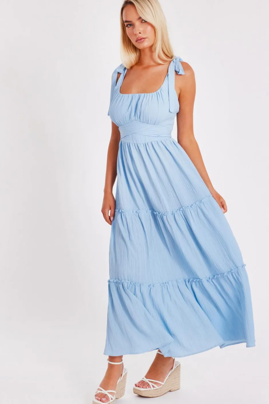 Quiz Crinkle Midaxi Dress Pale Blue Clearance