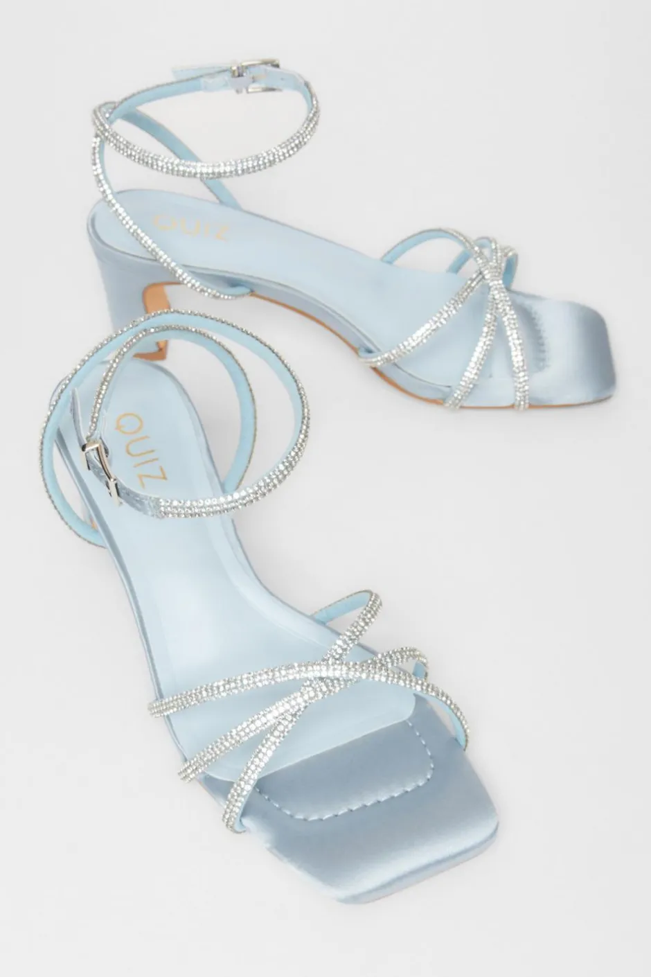 Quiz Diamante Strap Block Heels Pale Blue Outlet