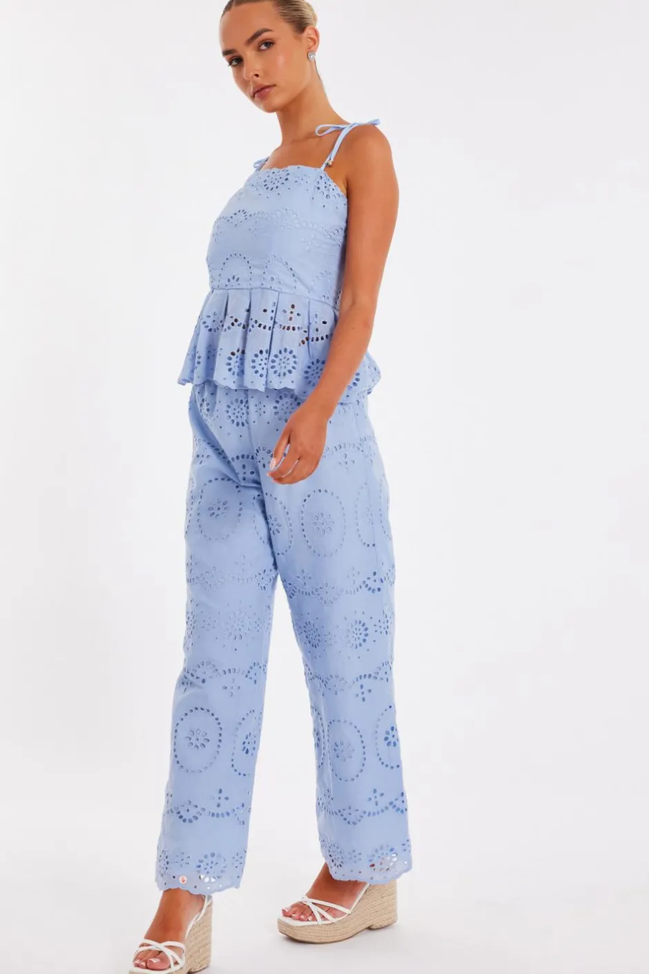 Quiz Pale Blue Embroidered Peplum Top Clearance