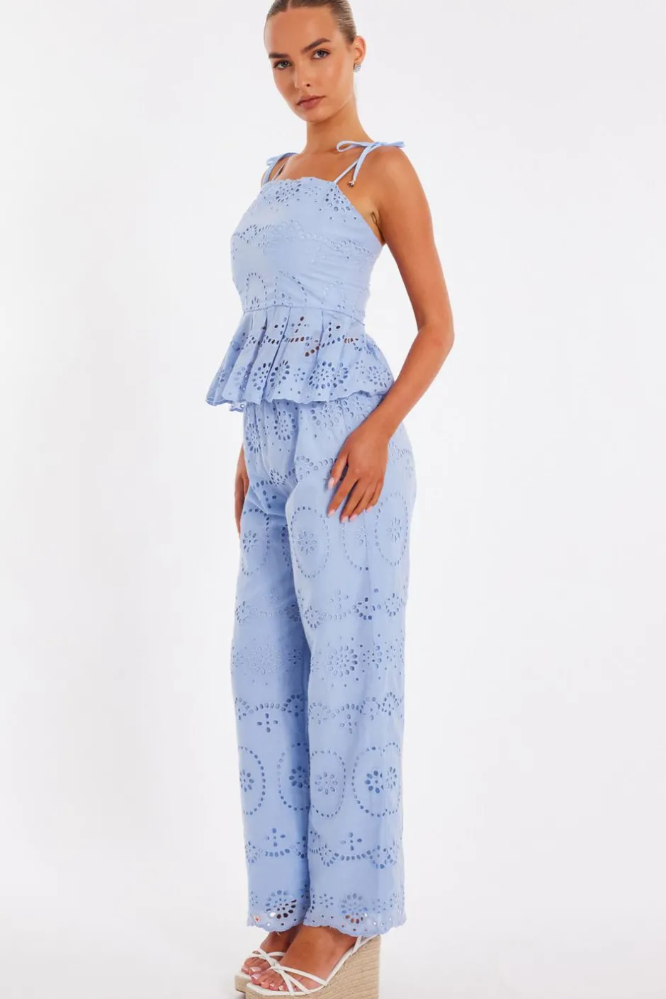 Quiz Pale Blue Embroidered Trousers Sale