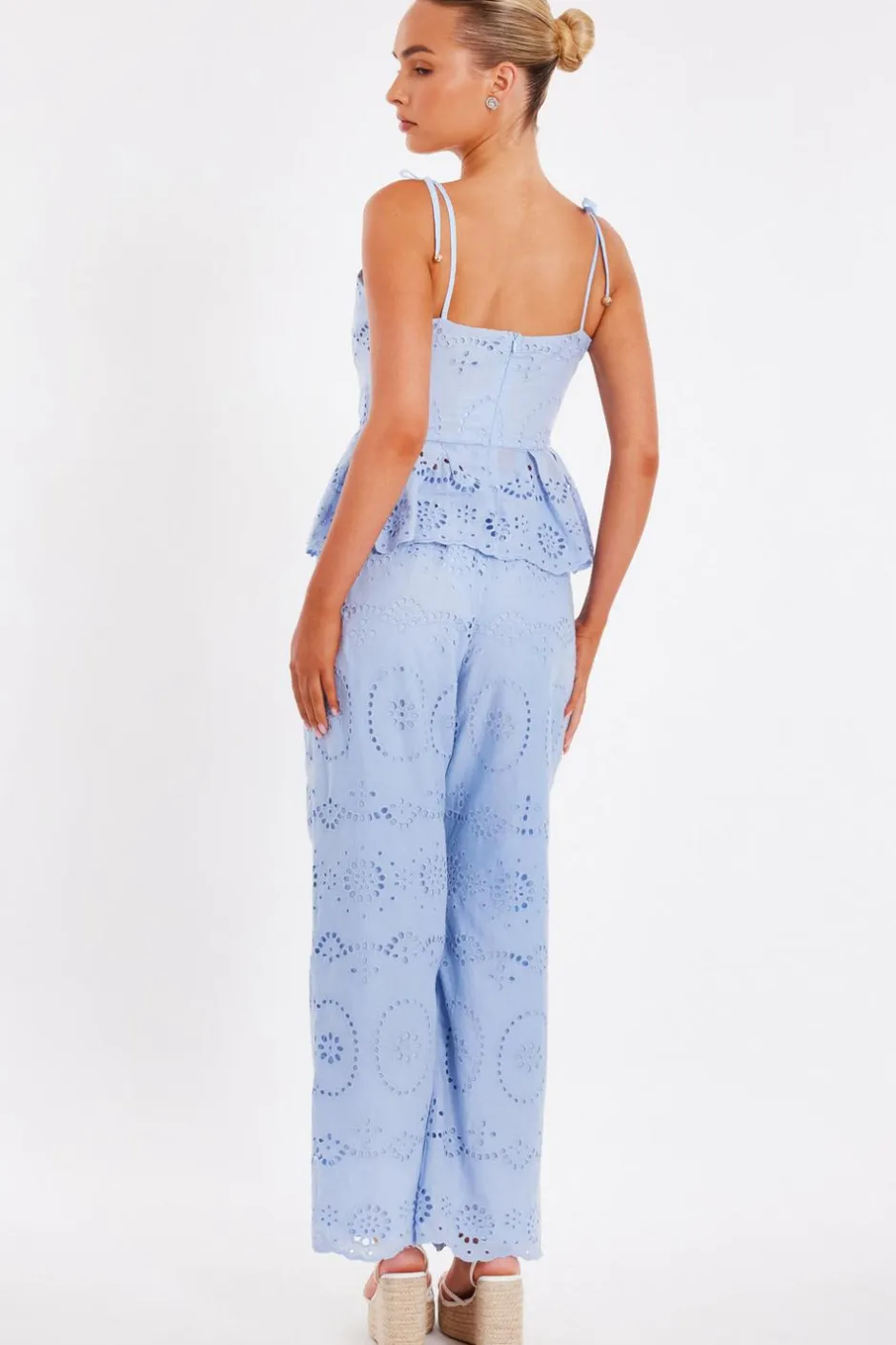 Quiz Pale Blue Embroidered Trousers Sale