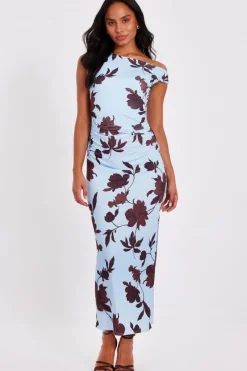 Quiz Pale Blue Floral Asymmetric Midaxi Dress Online