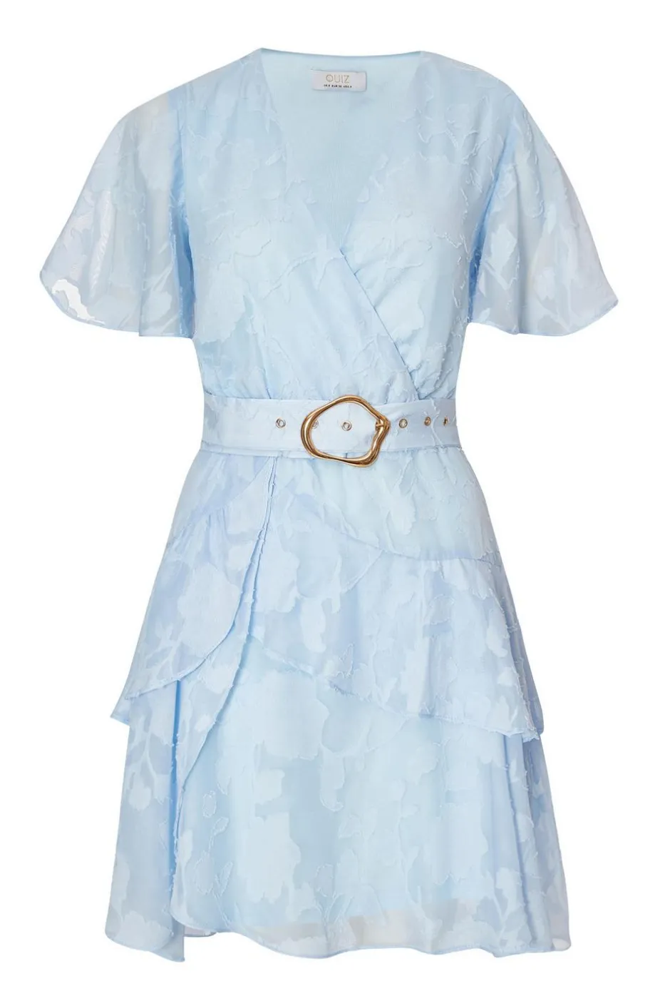 Quiz Frill Belted Skater Dress Pale Blue Clearance