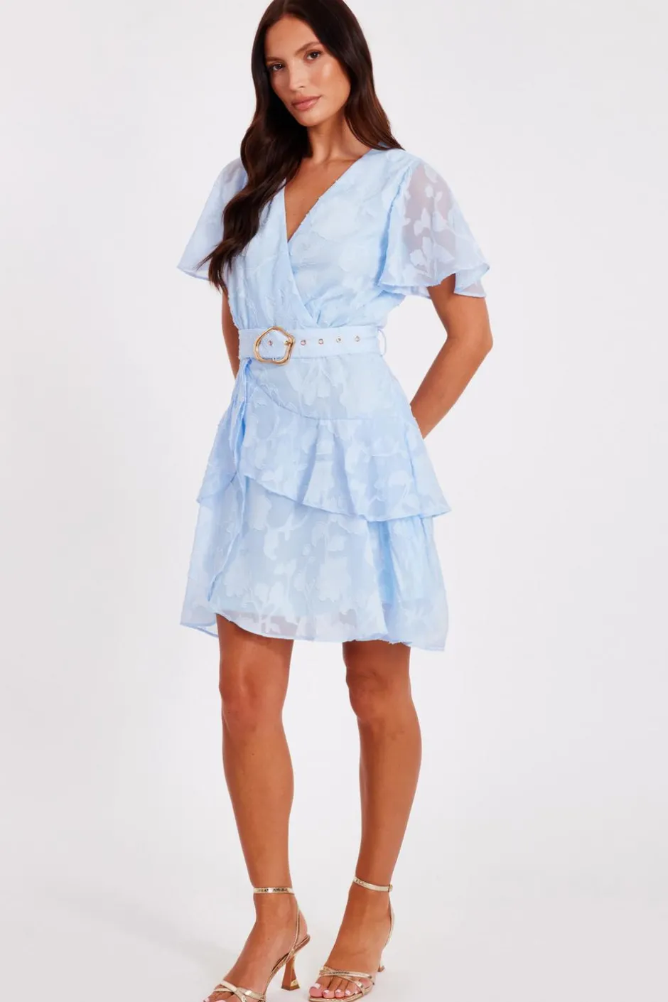 Quiz Frill Belted Skater Dress Pale Blue Clearance