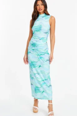 Quiz Pale Blue Marble Print Ruched Midi Skirt Clearance