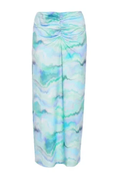 Quiz Pale Blue Marble Print Ruched Midi Skirt Clearance