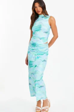 Quiz Pale Blue Marble Print Ruched Midi Skirt Clearance