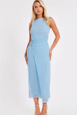 Quiz Mesh Buckle Midaxi Dress Pale Blue Discount
