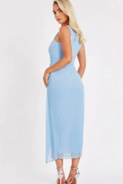 Quiz Mesh Buckle Midaxi Dress Pale Blue Discount