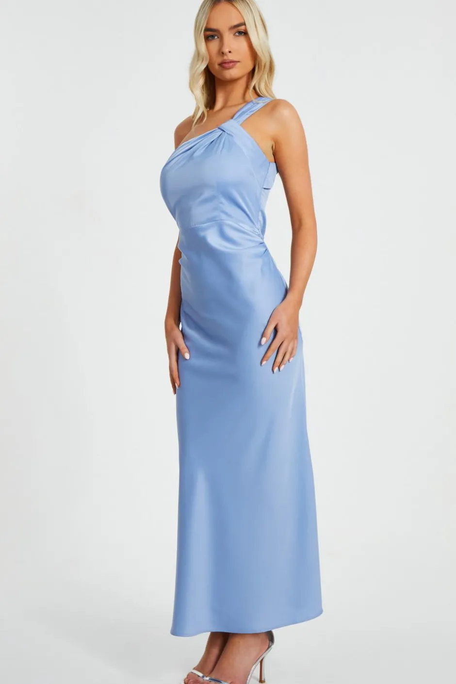 Quiz One Shoulder Midaxi Dress Pale Blue