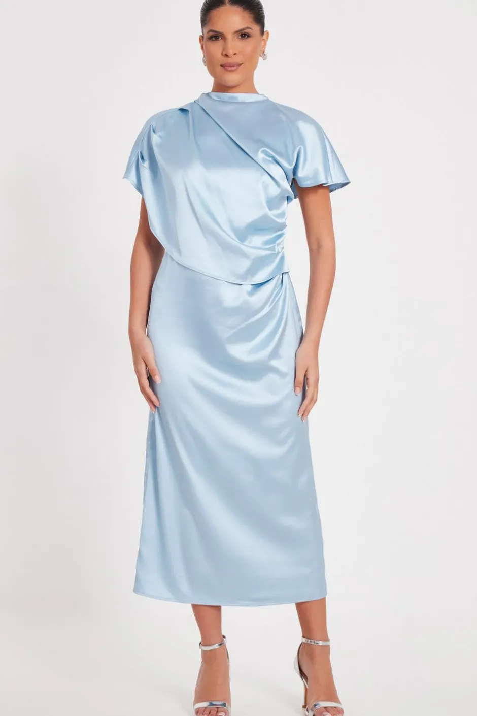 Quiz Pale Blue Satin Midi Dress Clearance