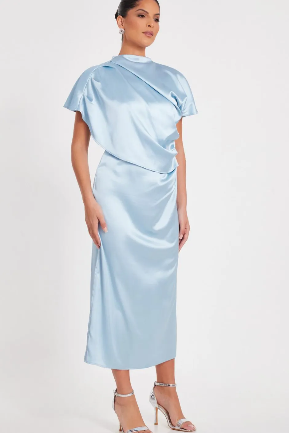 Quiz Pale Blue Satin Midi Dress Clearance
