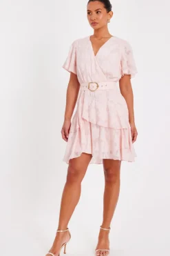 Quiz Belted Skater Dress Pale Pink Hot