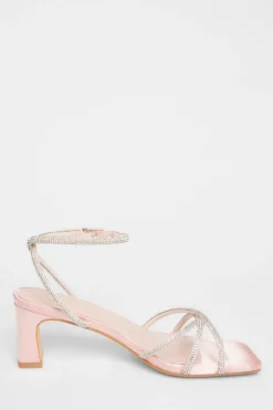 Quiz Diamante Strap Block Heels Pale Pink Clearance