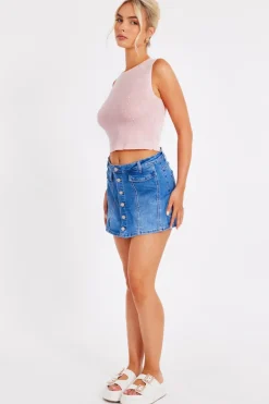 Quiz Knit Diamante Crop Top Pale Pink