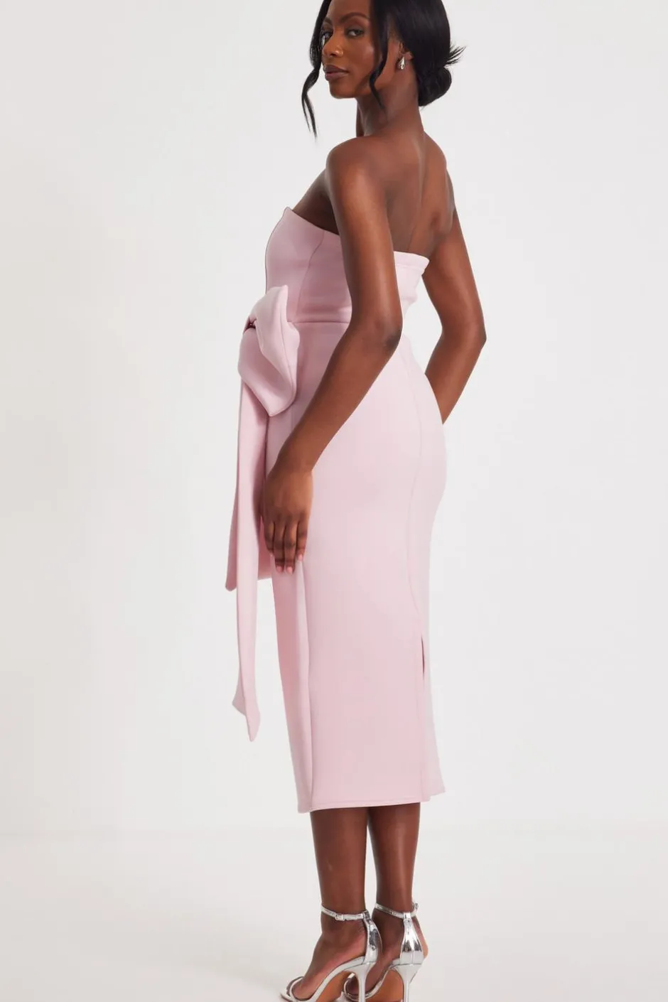 Quiz Strapless Bow Midaxi Dress Pale Pink Hot