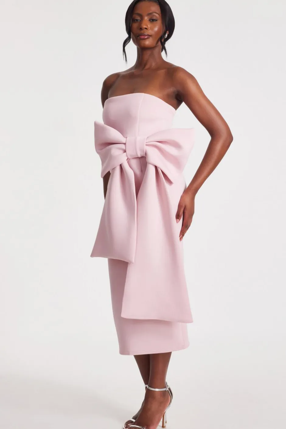 Quiz Strapless Bow Midaxi Dress Pale Pink Hot
