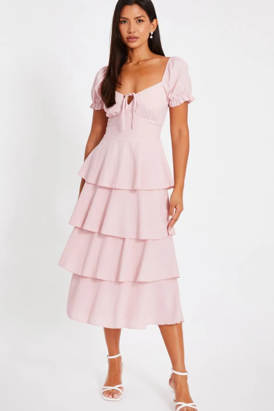 Quiz Pale Pink Tiered Midi Dress Discount