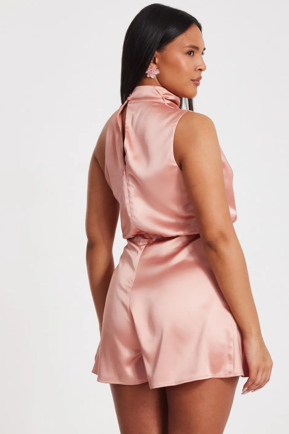 Quiz Satin Asymmetric Playsuit Peach Online