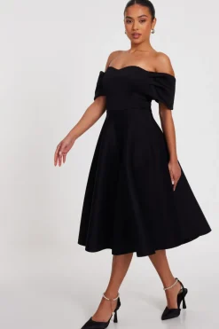 Quiz Petite Black Bardot Midi Skater Dress New
