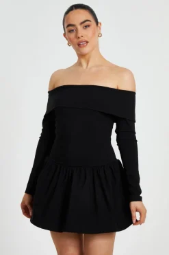 Quiz Petite Black Bardot Skater Dress Outlet