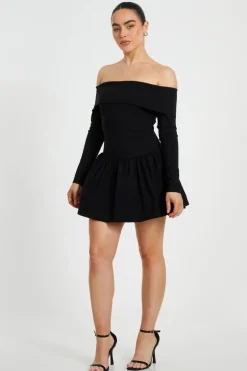 Quiz Petite Black Bardot Skater Dress Outlet