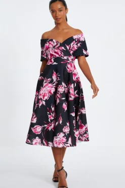 Quiz Petite Black Floral Bardot Skater Midi Dress Outlet