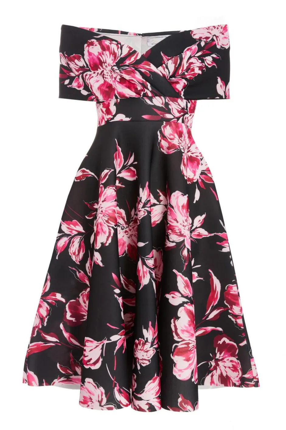 Quiz Petite Black Floral Bardot Skater Midi Dress Outlet